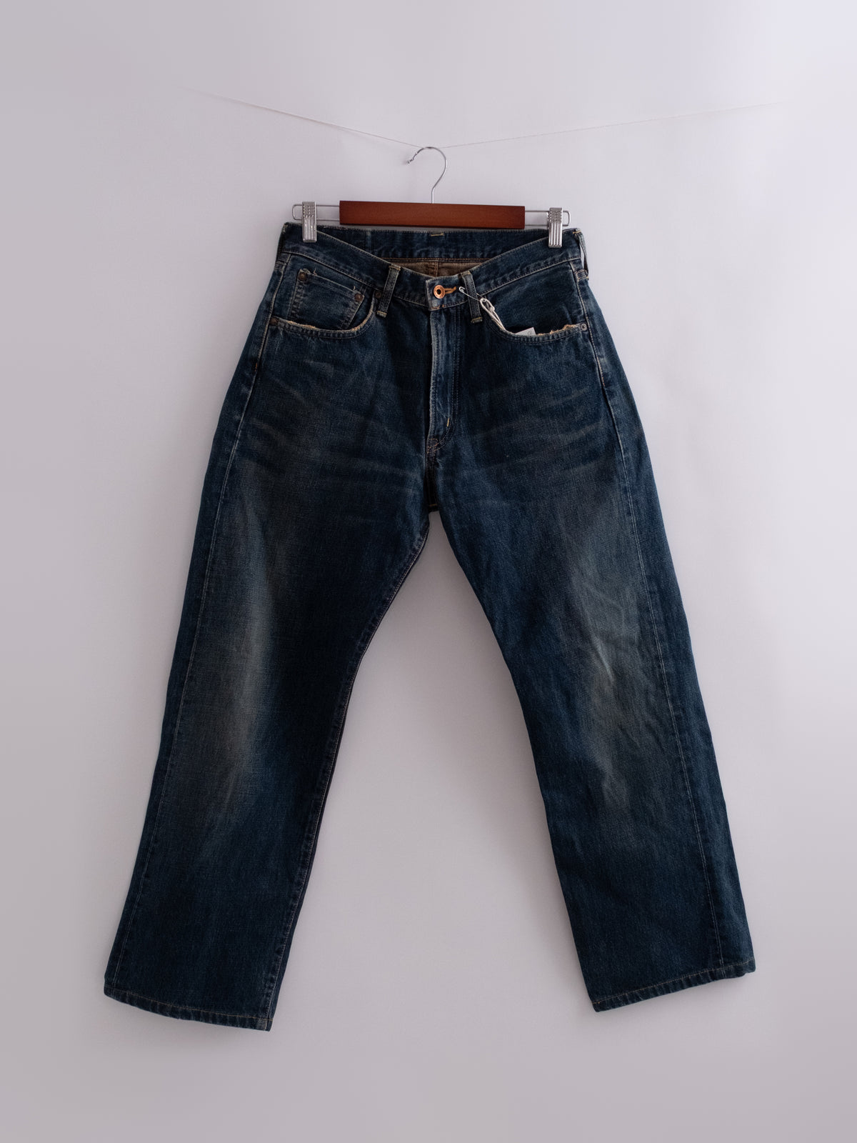 Edwin selvedge denim, hanging front view